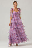 A Line Purple Long Printed Tiered Bridesmaid Dress