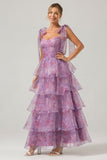 A Line Purple Long Printed Tiered Bridesmaid Dress