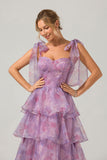A Line Purple Long Printed Tiered Bridesmaid Dress