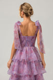 A Line Purple Long Printed Tiered Bridesmaid Dress