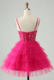 Hot Pink A Line Spaghetti Straps Tulle Tiered Short Prom Dress