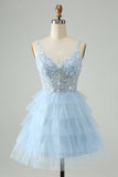 Hot Pink A Line Spaghetti Straps Tulle Tiered Short Prom Dress