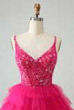 Hot Pink A Line Spaghetti Straps Tulle Tiered Short Prom Dress