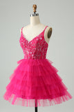 Hot Pink A Line Spaghetti Straps Tulle Tiered Short Prom Dress
