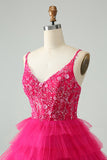 Hot Pink A Line Spaghetti Straps Tulle Tiered Short Prom Dress