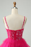 Hot Pink A Line Spaghetti Straps Tulle Tiered Short Prom Dress