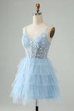 Hot Pink A Line Spaghetti Straps Tulle Tiered Short Prom Dress