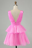 Sky Blue A Line V Neck Pleated Tiered Short Prom Dress