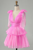 Sky Blue A Line V Neck Pleated Tiered Short Prom Dress