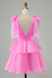 Sky Blue A Line V Neck Pleated Tiered Short Prom Dress