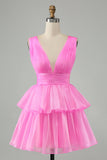 Sky Blue A Line V Neck Pleated Tiered Short Prom Dress
