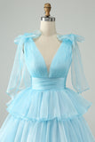 Sky Blue A Line V Neck Pleated Tiered Short Prom Dress