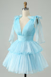 Sky Blue A Line V Neck Pleated Tiered Short Prom Dress