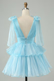 Sky Blue A Line V Neck Pleated Tiered Short Prom Dress