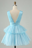 Sky Blue A Line V Neck Pleated Tiered Short Prom Dress