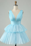 Sky Blue A Line V Neck Pleated Tiered Short Prom Dress