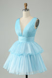 Sky Blue A Line V Neck Pleated Tiered Short Prom Dress