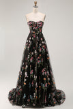 Black Floral Strapless A Line Maxi Prom Dress