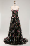 Black Floral Strapless A Line Maxi Prom Dress