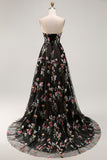 Black Floral Strapless A Line Maxi Prom Dress
