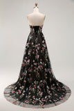 Black Floral Strapless A Line Maxi Prom Dress