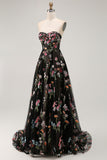 Black Floral Strapless A Line Maxi Prom Dress