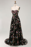 Black Floral Strapless A Line Maxi Prom Dress