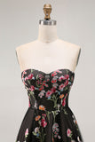 Black Floral Strapless A Line Maxi Prom Dress