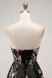 Black Floral Strapless A Line Maxi Prom Dress