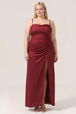 Burgundy Plus Size Mermaid Spaghetti Straps Long Bridesmaid Dress with Slit