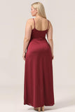 Burgundy Plus Size Mermaid Spaghetti Straps Long Bridesmaid Dress with Slit
