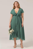 Plus Size Eucalyptus A Line V-Neck Midi Bridesmaid Dress With Bow