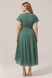 Plus Size Eucalyptus A Line V-Neck Midi Bridesmaid Dress With Bow