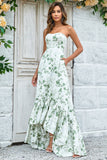 Asymmetrical Strapless Printed Green Long Bridesmaid Dress
