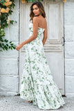 Asymmetrical Strapless Printed Green Long Bridesmaid Dress