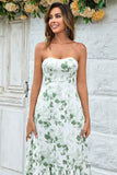 Green Asymmetrical Printed Long Wedding Party Dress with Pocket