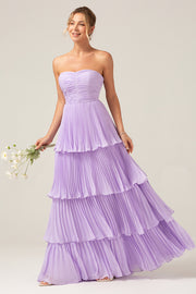 Lilac A-Line Sweetheart Pleated Tiered Strapless Bridesmaid Dress