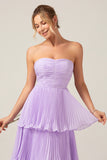 Sky Blue A Line Strapless Pleated Tiered Bridesmaid Dress