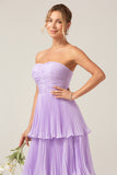 Sky Blue A Line Strapless Pleated Tiered Bridesmaid Dress