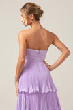 Sky Blue A Line Strapless Pleated Tiered Bridesmaid Dress