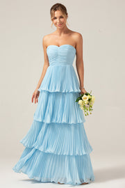 Sky Blue A Line Strapless Pleated Tiered Bridesmaid Dress