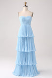 Sky Blue A Line Strapless Pleated Tiered Bridesmaid Dress