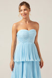 Sky Blue A Line Strapless Pleated Tiered Bridesmaid Dress