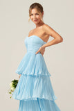 Sky Blue A Line Strapless Pleated Tiered Bridesmaid Dress