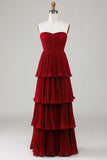 Charming A Line Strapless Burgudy Long Bridesmaid Dress with Ruffles