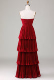 Charming A Line Strapless Burgudy Long Bridesmaid Dress with Ruffles