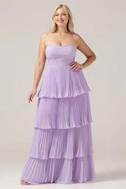 Plus Size Lilac Sweetheart A Line Tiered Strapless Long Bridesmaid Dress