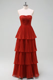 Charming A Line Strapless Burgudy Long Bridesmaid Dress with Ruffles
