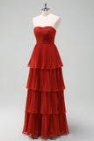 Charming A Line Strapless Burgudy Long Bridesmaid Dress with Ruffles