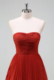 Charming A Line Strapless Burgudy Long Bridesmaid Dress with Ruffles